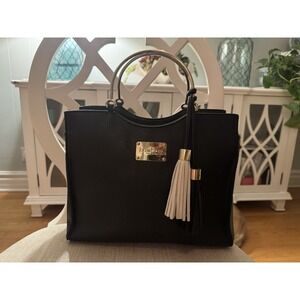 Bebe Black Purse Handbag Tote Satchel Gold Ring Handle Cream Tassel Women's